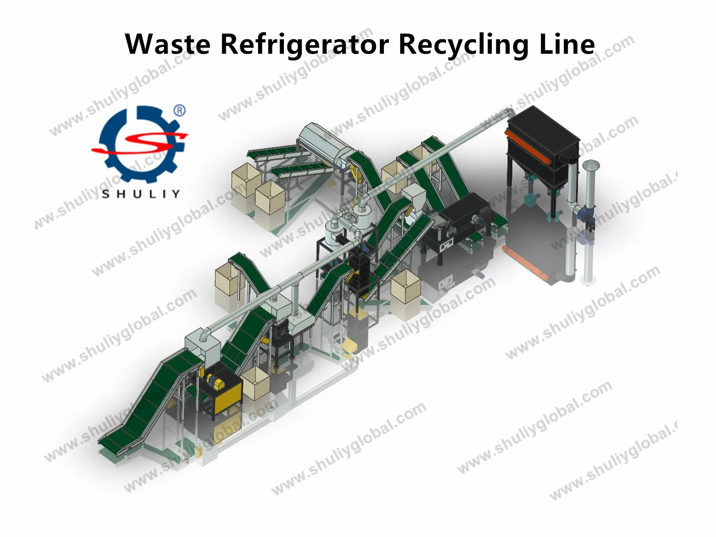 3D diagram of a used refrigerator recycling line